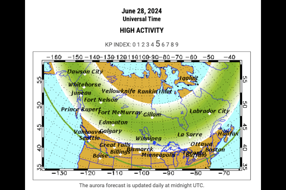 The University of Alaska Fairbanks (UAF) calls for high auroral activity on Friday, June 28 with "active auroral displays will be visible overhead from Inuvik, Yellowknife, Rankin and Iqaluit to Juneau, Edmonton, Winnipeg, Thunder Bay and Sept-Iles, and visible low on the horizon from Seattle, Des Moines, Chicago, Cleveland, Boston, and Halifax."