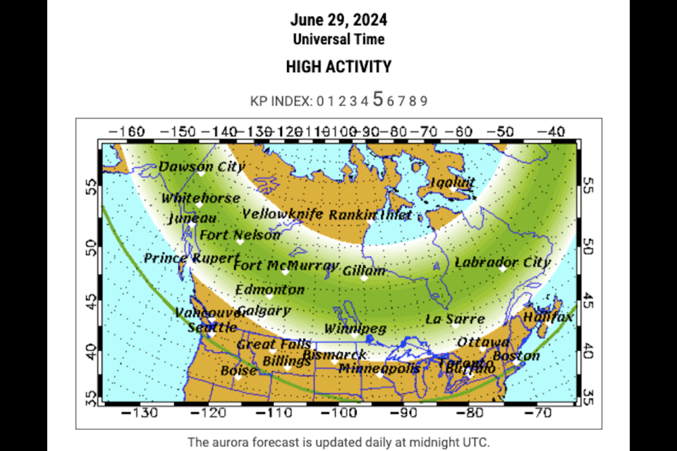 The UAF also expects the aurora will be highly active on Saturday, June 29 in the same areas, with possible displays low on the horizon in Seattle and Vancouver.
