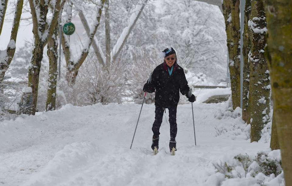 The snowy Vancouver weather weather encouraged several people to cross-country ski on the frosty terrain. 