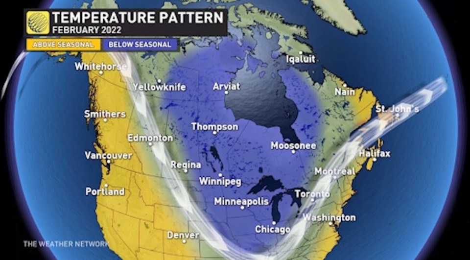 The Weather Network says Western Canada may see a shift from colder weather this February 2022 in B.C.