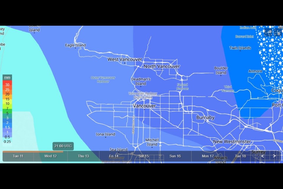 Up to 25 mm of rain is predicted for Vancouver on March 12, with lighter periods in the days that follow.