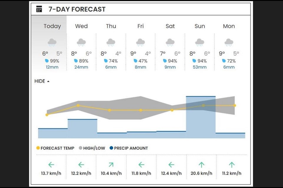 Vancouver may get up to 25 mm of rain Wednesday, March 12, before letting up for the rest of the week, according to V.I.A.'s Weatherhood.