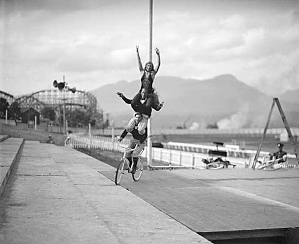 1932 - Bicycle acrobats perform at the PNE at Hastings Park.