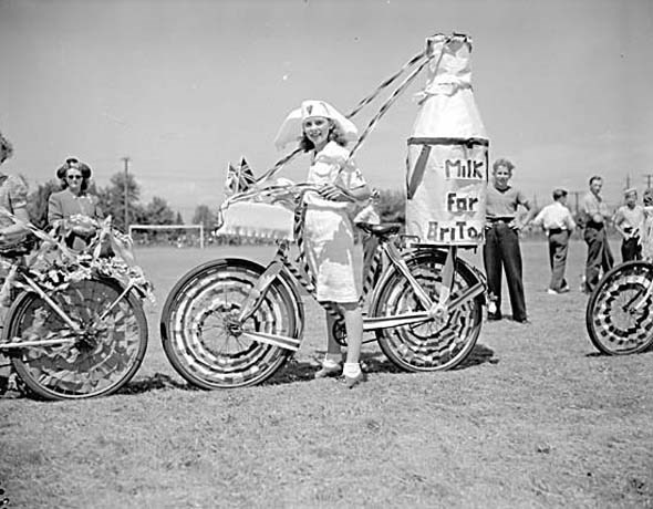 July 1, 1943 - Patricia Vaselnak, the 1st prize bike winner at the Richmond victory celebration.