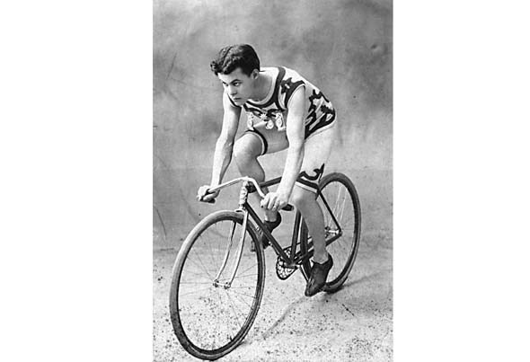 1898 - Edward Evans Blackmore on his racing bike, in a studio portrait in Vancouver.