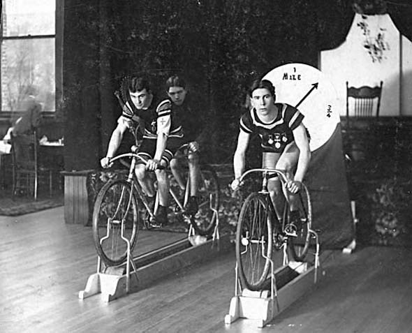 1901 - Harry Hooper and Mr. Burke on bicycle training machines.