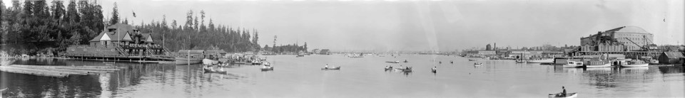 View of Coal Harbour showing the Vancouver Rowing Club and the Denman Arena in 1913. (Van. Archives ref. PAN NXVII)