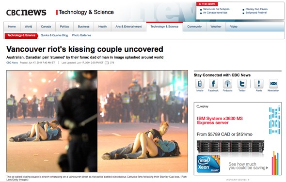 CBC news story: The Riot's kissing couple