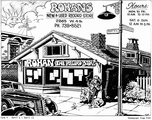 Rohan The Record Store, an advertisement illustrated by Rand Holmes