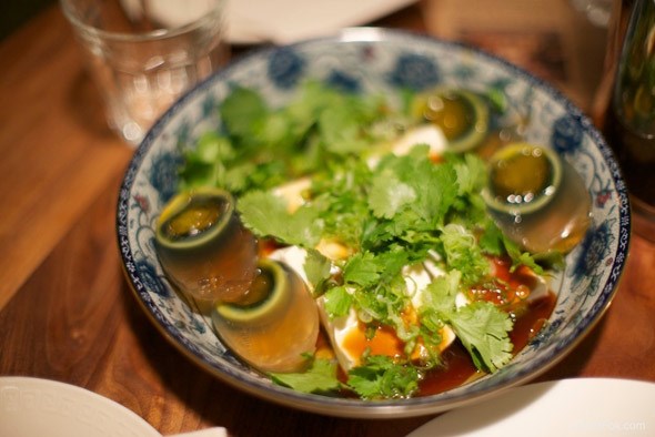  First dish of cold tofu from launch fundraiser at Bao Bei by Winner Winner Chicken Dinner featuring locally curated and cured Century Eggs from Gold Mountain Eggs