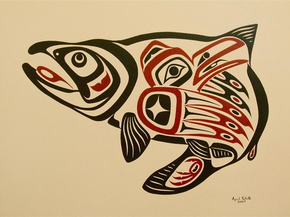  ‘Salmon Tale’ — acrylic original on archival board by April White—SGaana Jaad