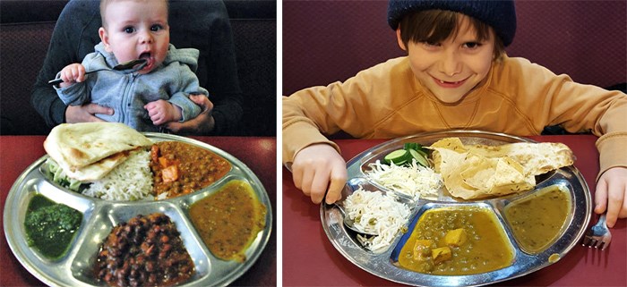  My son in 2008 and 2016. We actually posed the first photo because he wasn't eating solids yet, but *we* did and would bring him along. His favourite dish now is the mutter paneer.