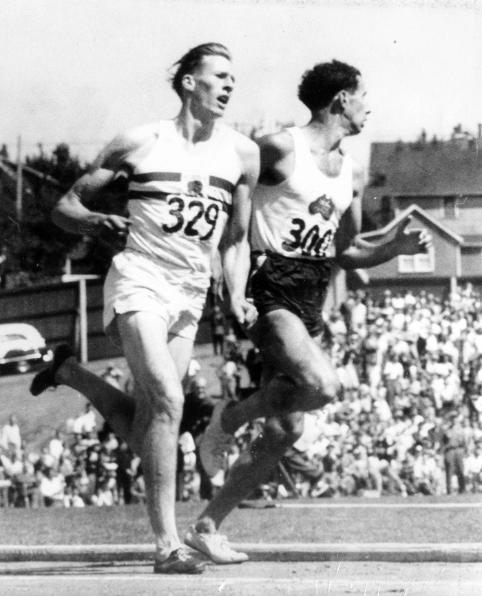 Roger Bannister and John Landy in the Miracle Mile race in Empire Stadium during the 1954 British Empire and Commonwealth Games. Photo: City of Vancouver Archives 180-3607.