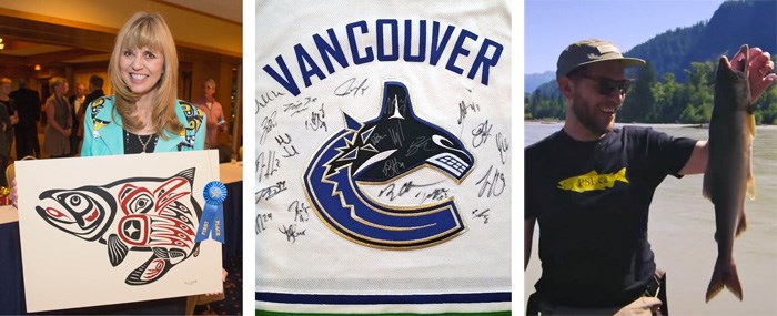  L to R: April White and her winning 2015 salmon stamp art, team signed Canucks jersey for the annual gala, promoting the Pink Salmon Festival