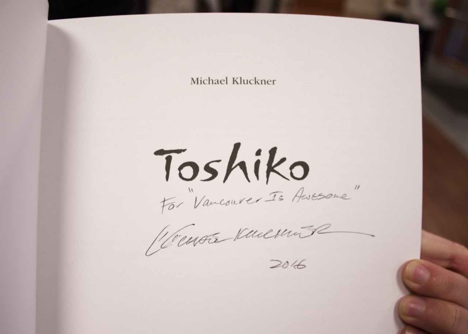  A signed copy of Toshiko by Michael Kluckner. Photo by Philip Moussavi