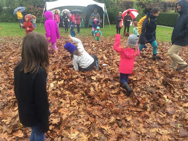  Children play in the wet -yet still every bit as fun- leaf pile