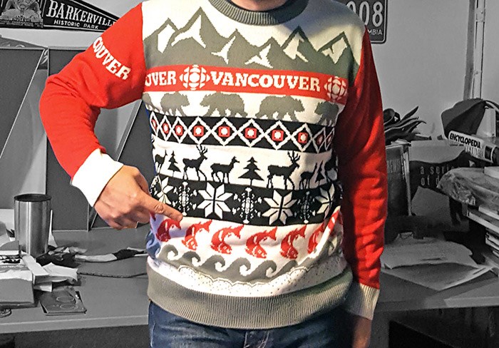  Be still my beating heart, the CBC ugly sweater has SALMON on it!