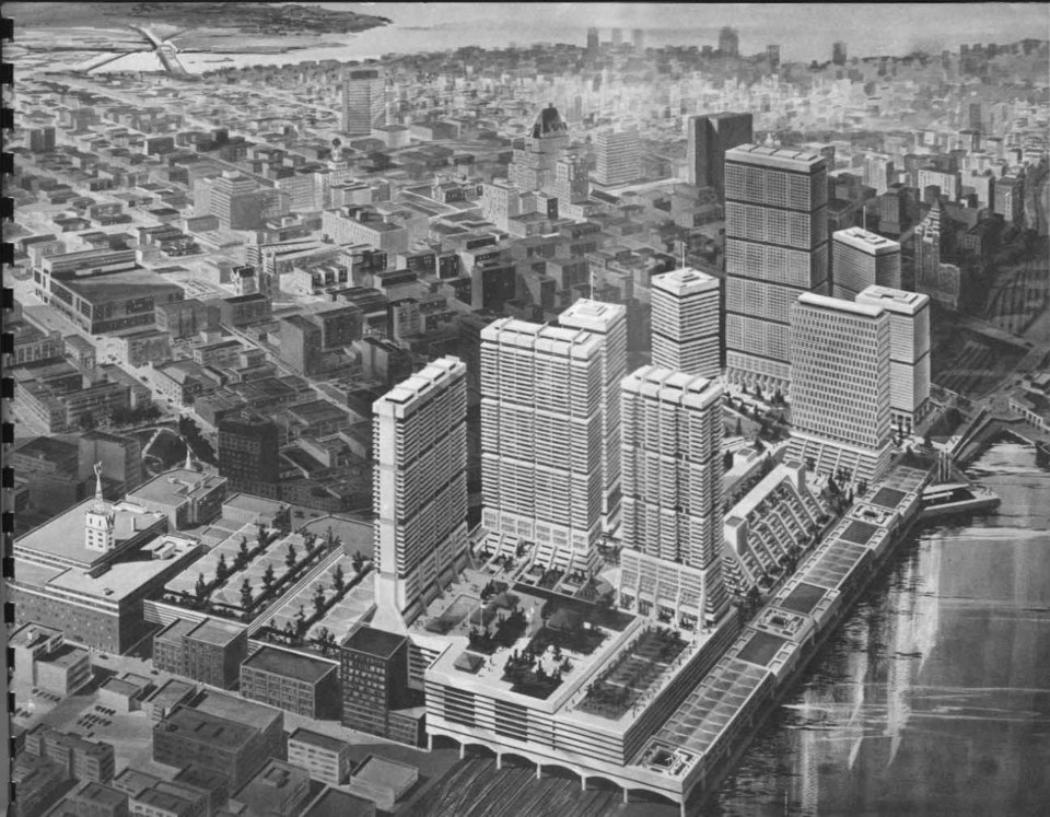  Project 200 was a failed plan from 1968 that included a forest of highrises and residential towers, a hotel and a waterfront freeway in downtown Vancouver. Note that Waterfront Station is missing from the plan. Image courtesy of Tom Carter.