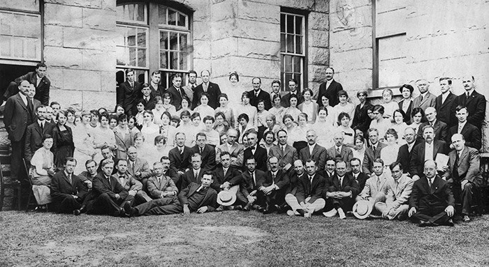  UBC's faculty and their spouses pose outside of the Arts Building on the Fairview campus. Photo: UBC.