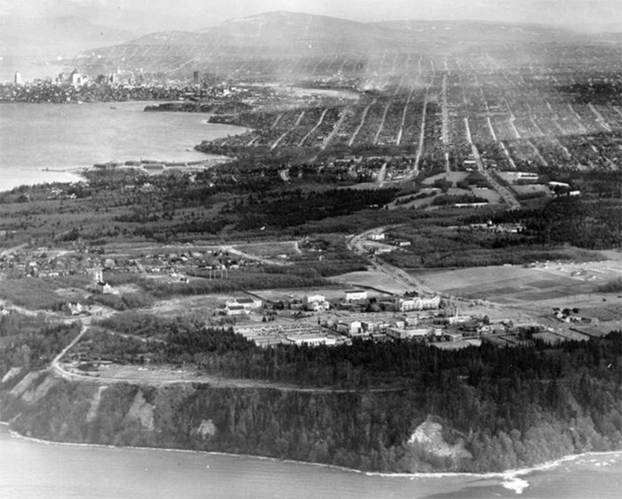  UBC campus and City of Vancouver — aerial view looking east (1945). Photo: UBC.