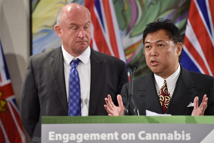  Vision Vancouver Coun. Kerry Jang and Solicitor General Mike Farnworth spoke to reporters Monday about the provincial government’s launch of a public consultation exercise on how soon-to-be legal “non-medicinal cannabis” should be regulated in B.C. Photo Dan Toulgoet