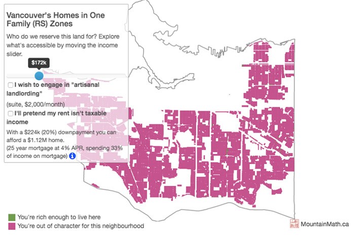  Mountain Math lets homebuyers use a slider to turn the pink (can't afford) areas into green (can afford) areas based on your family income.   Photograph By Mountain Math/Jens von Bergmann