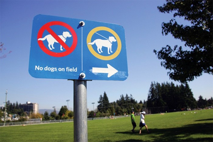  A dog sign at Ambleside Park in West Vancouver. District council voted Monday to uphold a decision to revoke a dog's licence, citing multiple infractions. file photo Kevin Hill, North Shore News