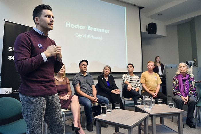  The NPA's Hector Bremner and some of the nine candidates vying for the vacant seat on city council participated last week in an all-candidates' debate at Simon Fraser University. Photo Dan Toulgoet