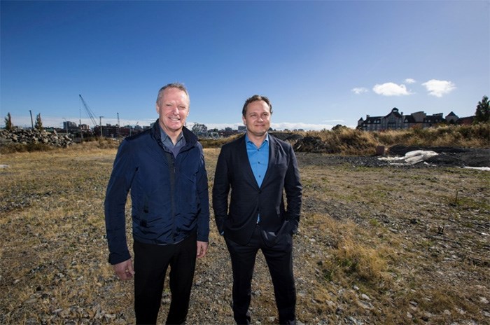  Norm Shearing, president of Vancity's Dockside Green Limited, left, and Ryan Bosa, of Vancouver-based Bosa Development at Dockside Green's future development site in Vic West. Photograph By DARREN STONE, Times Colonist