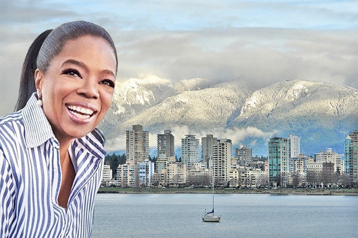  Oprah on the cover of her latest book poorly photoshopped onto a stock image of Vancouver is what you need in your life today