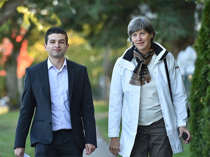  Vision Vancouver council candidate Diego Cardona, seen here Friday campaigning with Vision park board commissioner Catherine Evans, was unavailable to media after his byelection loss Saturday night. Photo Dan Toulgoet