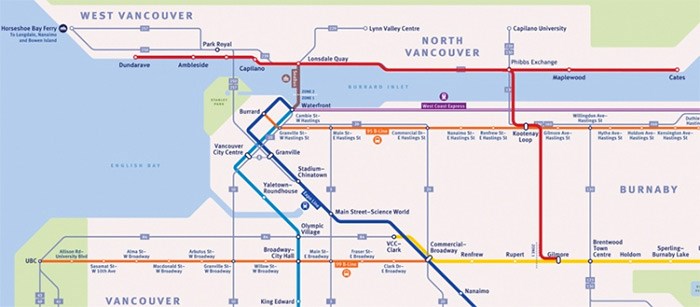  A hypothetical SkyTrain map produced by MLA Jane Thornthwaite shows the North Shore with a commuter rail link across the Second Narrows and transit stops from Cates Park to Dundarave. image supplied
