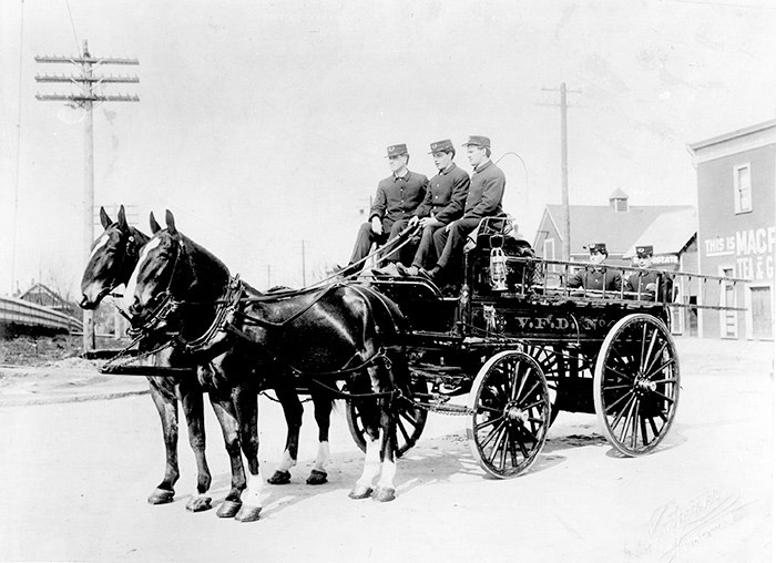  Horse drawn hose wagon from Fire Hall No. 4 at Broadway and Granville Street, 1910. Photo: Vancouver Archives: AM54-S4-: FD P51.