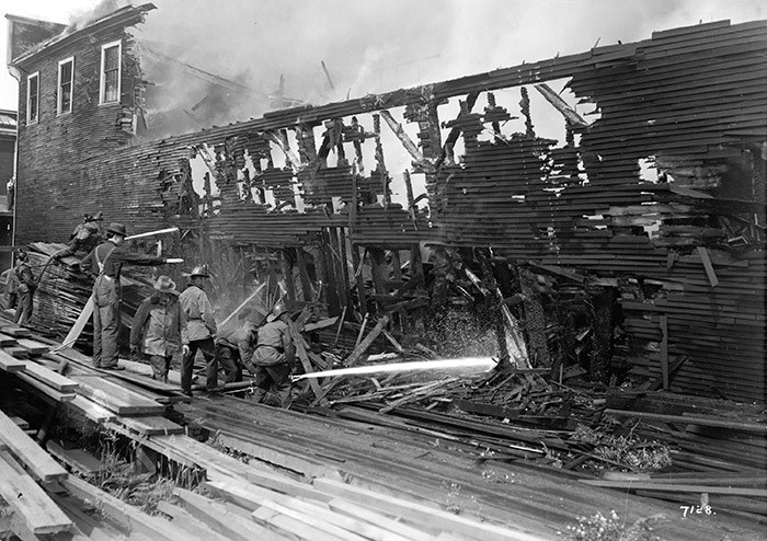  Vancouver Fire Department at scene of fire, 1928. Photo: Vancouver Archives: AM1535-: CVA 99-725.