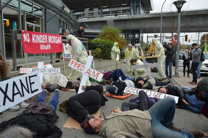  Members of BROKE staged a 'die-in' on Monday morning, protesting the expansion of the Kinder Morgan's tank farm on Burnaby Mountain.