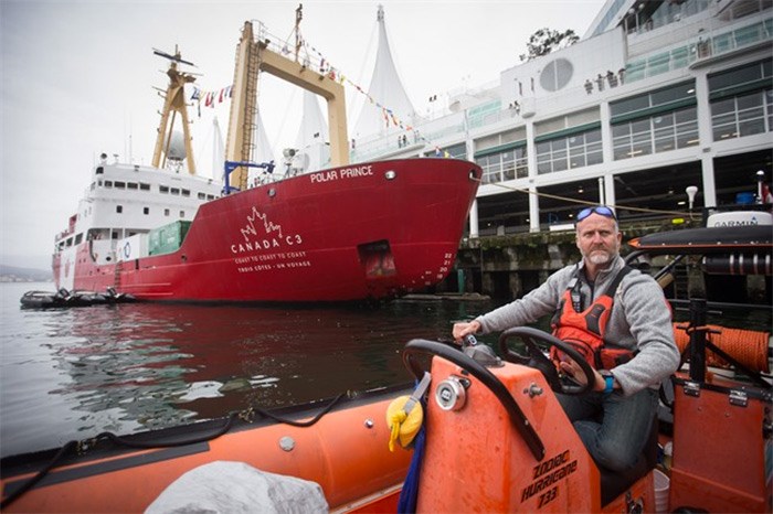  Expedition manager Scott McDougall, of Chelsea, Que., pilots a zodiac boat on the harbour where the Polar Prince ship is moored in Vancouver, B.C., on Monday October 23, 2017. A massive ice breaker is making its way to Victoria's harbour, the final stage in a months-long journey to explore Canada's coasts, communities and future. The Polar Prince set from Toronto on June 1 and has travelled through the Atlantic Ocean, Northwest Passage and Pacific Ocean to mark the country's 150th birthday as part of the Coast to Coast to Coast project. THE CANADIAN PRESS/Darryl Dyck