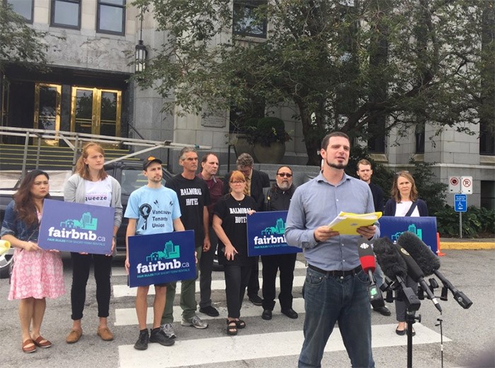  Seen last month, Octavian Cadabeschi, a research analyst with Unite Here! Local 40, speaks on behalf of the coalition calling for the City of Vancouver to hold short-term rental online platforms accountable for illegal listings. Photo Jessica Kerr