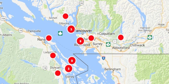  B.C. Hydro outage map as of 6:30 am Nov. 15 (Screenshot/