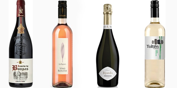  Bonpas Cotes du Rhone Reserve Red Blend, La Piuma Rosato, Riondo Prosecco, Tolten Carmen Sauvignon Blanc