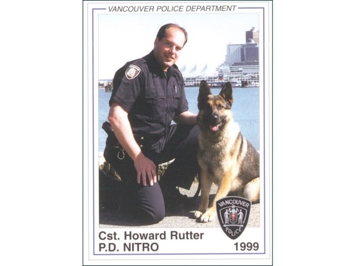  A new street planned for a neighbourhood near the Vancouver Police Department’s precinct on Graveley Street will be named after deceased police dog Valiant. Nitro, pictured here with handler Const. Howard Rutter, was the last Vancouver police dog to die while on duty. Photo Dan Toulgoet
