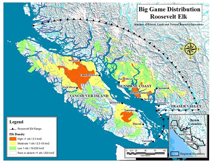  Estimated distribution and population density of Roosevelt elk in British Columbia (Figure 1, Management Plan for Roosevelt Elk in BC (2015).