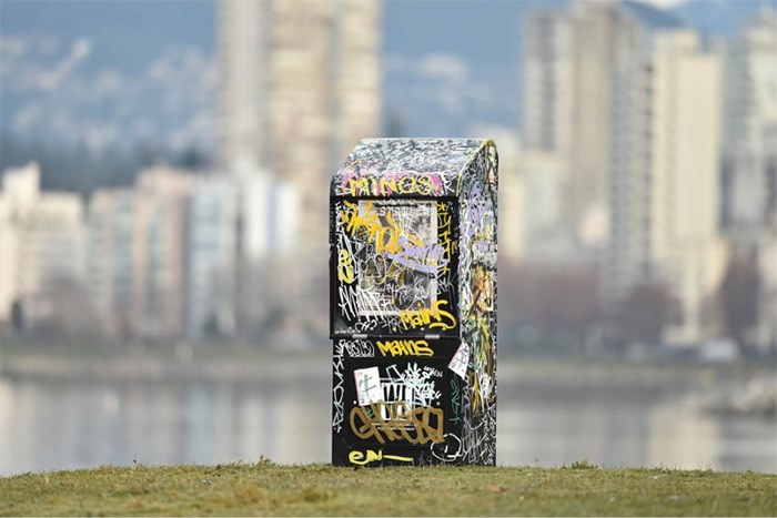  Boxy, the Westender mascot, at Vanier Park.   Photograph By Dan Tougloet