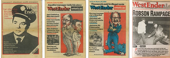  Westender covers through the early years. From left: In 1979, the paper paid tribute to Fire Captain John Graham, who died in a West End apartment tower fire; the week before the 1980 civic election, Vic Bonderoff’s illustration shows it was down to Jack Volrich and Mike Harcourt for mayor; one week later, Harcourt was the last man standing; as one of the first news teams on the scene, the paper produced award-winning coverage of Vancouver’s 1994 Stanley Cup Riot.