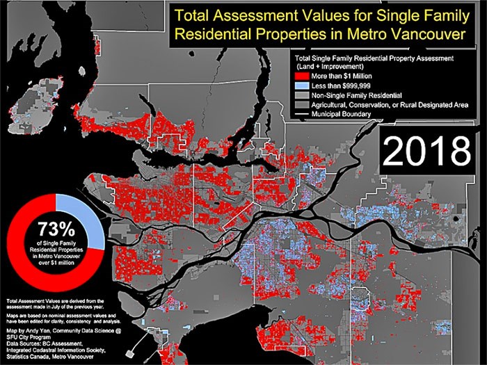  Image shows where single-family homes worth more than $1 million are located in Metro Vancouver based on BC Assessment data. Graphic supplied Andy Yan/SFU City Program