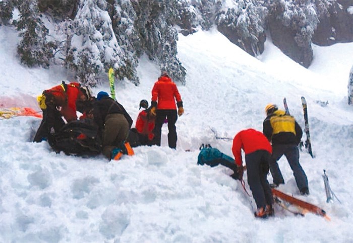 North Shore Rescue members prepare to stretcher an injured skier out of the North Vancouver backcountry following an avalanche Tuesday. photo supplied, North Shore Rescue