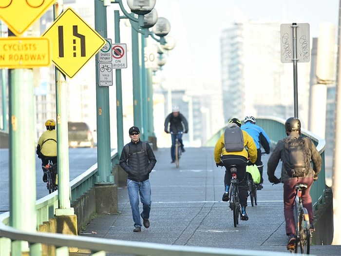  Vancouver city council Wednesday afternoon approved a plan that will add an interim southbound protected bike lane to the Cambie Street Bridge. Photo Dan Toulgoet