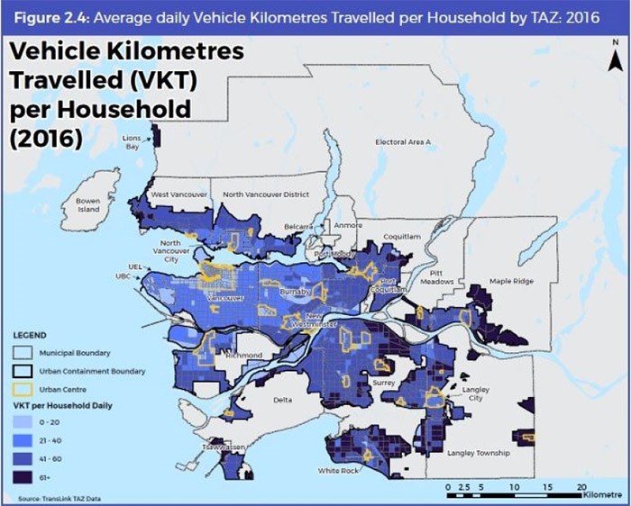  A map showing average number of kilometres driven per household around the Lower Mainland. Darker colours mean more driving. - graphic provided Mobility Pricing Commission