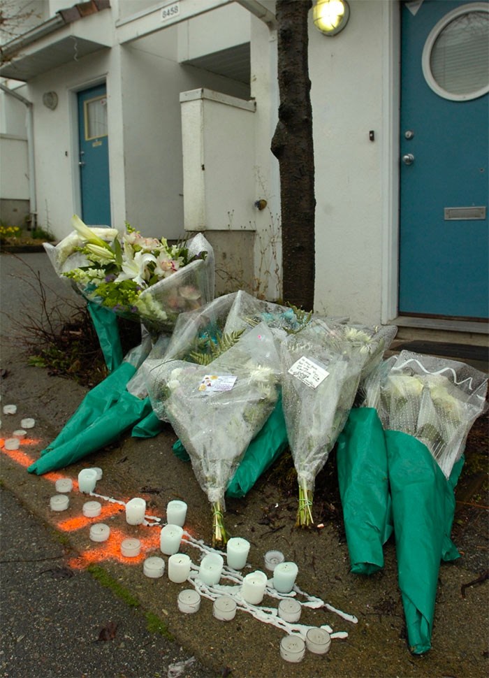  A memorial to 20 year old Kyle Richard Wong, gunned down outside his Aqua Drive townhouse in SE Vancouver in 2008. - Dan Toulgoet