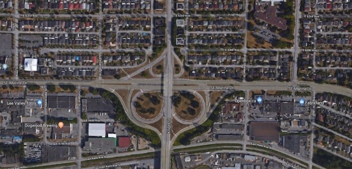  The city has completed safety improvement work at the intersection and off-ramp at Knight Street and Southeast Marine Drive. Google Maps