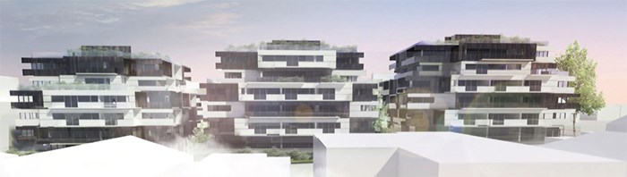  A row of seven single-family lots on Oak Street is slated for this trio of condo buildings. Image: Arno Matis Architecture via City of Vancouver